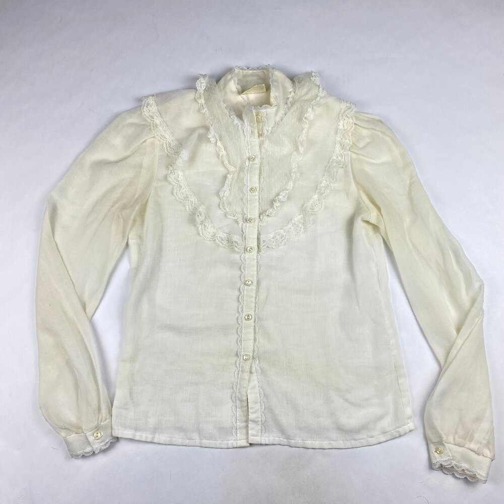 Vintage Jessica's Gunnies Gunne Sax Button Up Shirt S*- Lace Bohemian High Neck